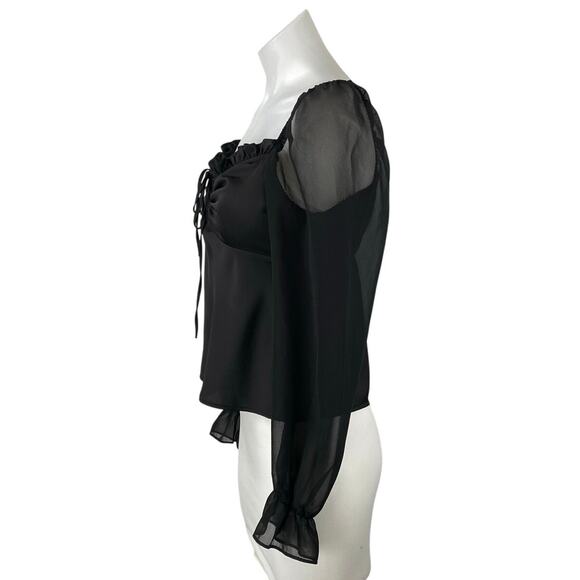 Topshop Women's Black Ruffle Ruched Front Sheer Long Puff Sleeve Blouse Top Sz 4 - Picture 2 of 5